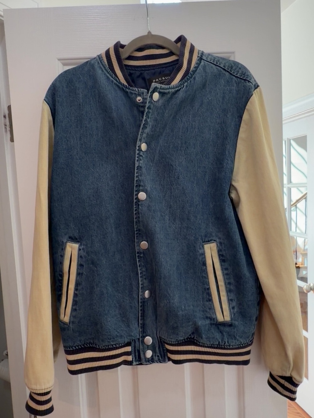 PacSun Blue Denim Bomber Jacket with Cream Sleeves